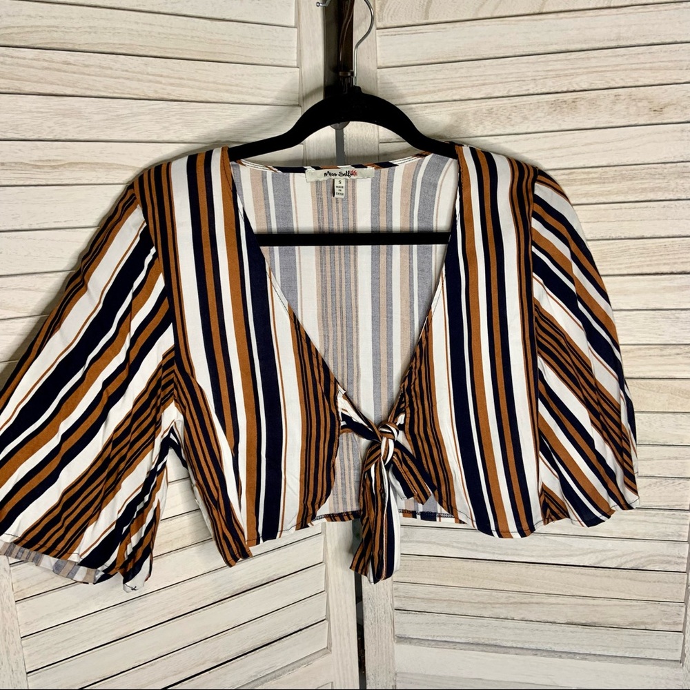 Miss Selfie Boho Striped Open Front Crop Top Rustic Orange Navy Cream